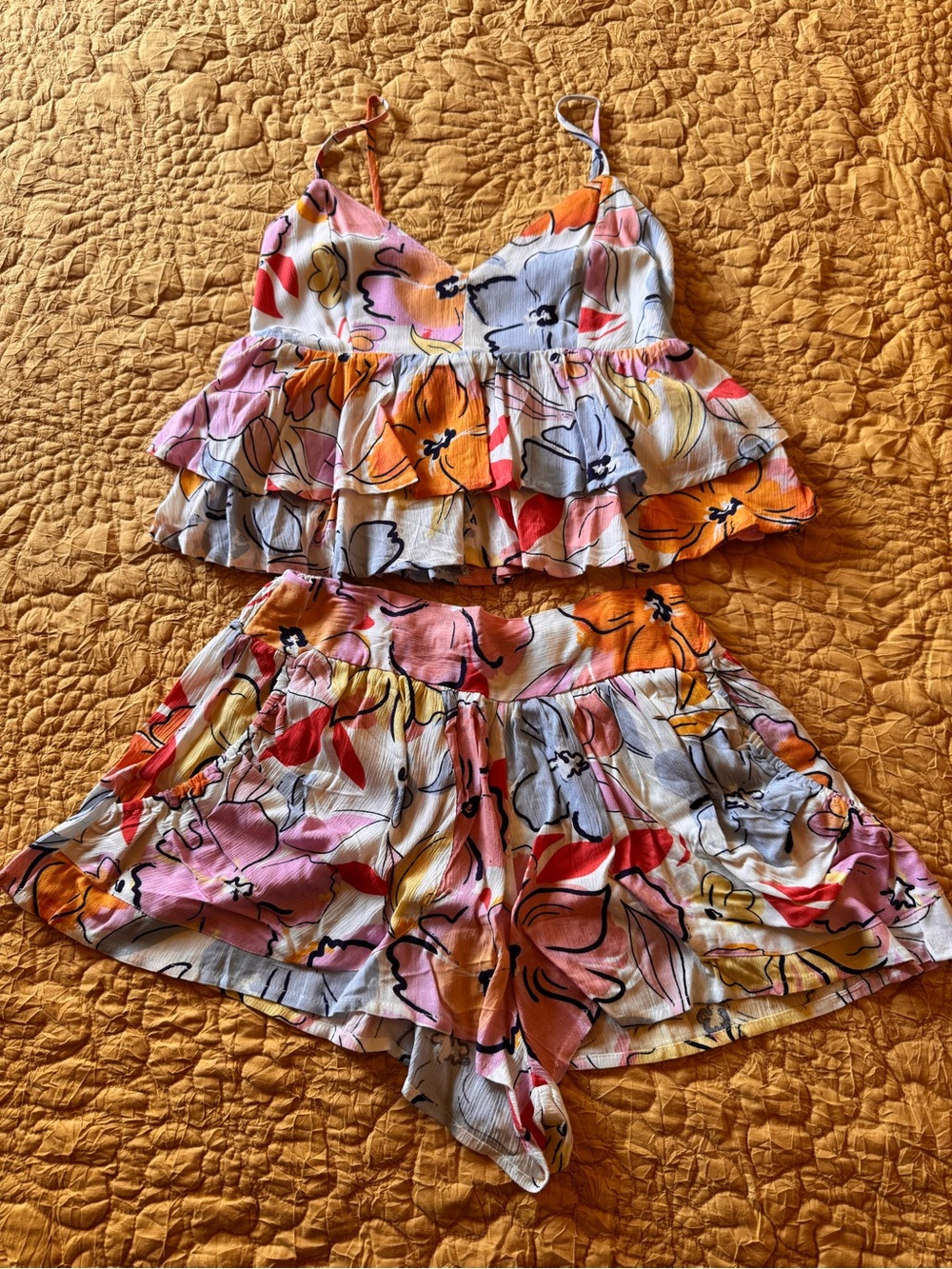 Floral Ruffle Tank & Shorts Set - Pink, Orange, Yellow